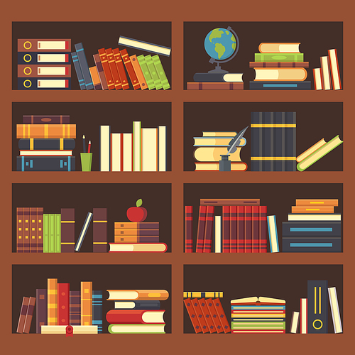 Books in library bookcase. Encyclopedia book at bookshelf. Pile textbooks, bookstore shelf and science magazines books at bookshelves, school education flat vector background illustration