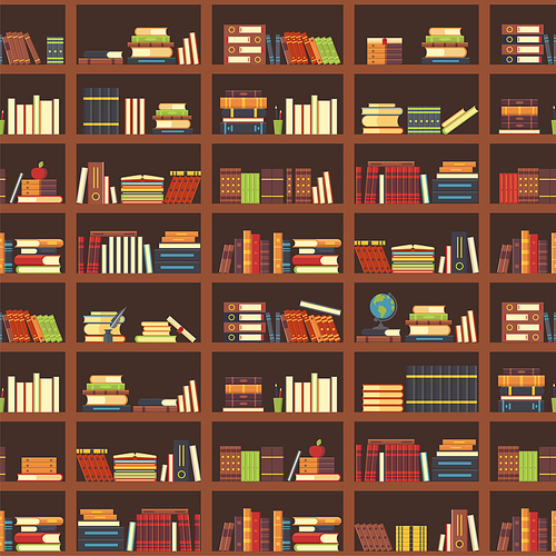 books in bookcase seamless . school book, science literature textbook, dictionary and magazines stack at university old library bookshelf. college textbooks or bookshop retro vector background