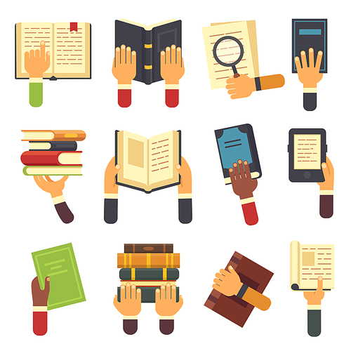 Hands with books. Holding book in hand, reading ebook and reader learning open notebook textbook icon, hand holding note and ebook. Reading text students study, paper vector isolated icons set