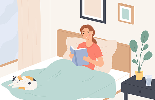 Woman reading in bed. Young girl reads book and relaxes on sofa. Lazy home rest, reading literature before sleeping, flat vector concept. Girl young in comfort bed with book and cat illustration