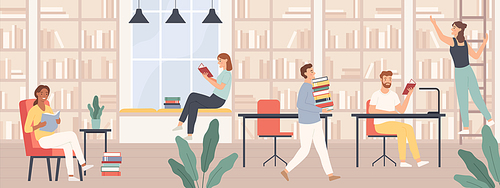 People in library. Men and women read book, students study with books and gadgets in public library interior vector concept. Girl on ladder getting book, people at desks and chairs