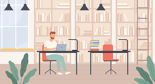 Man in library. Young man in public library interior with bookshelves, desks and laptop, bibliophile reads books flat vector concept. Male student sitting with computer and studying