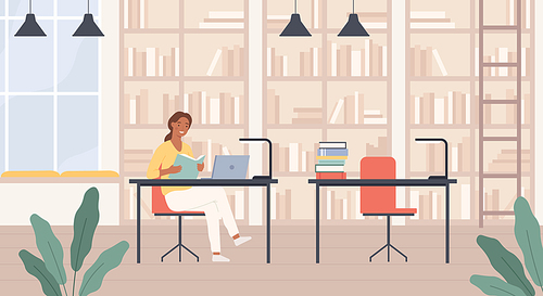 Woman in library. Young lady with book in public library reading room interior with laptop, bookshelves and desks education vector concept. Female bookworm learning or studying for university