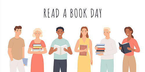 Read a book day. People standing with books, young men and women read books cultural festival world book day education hobby vector concept. Person with book, reading and standing illustration