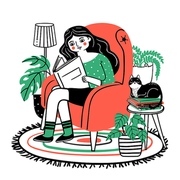 Woman reads in chair. Happy relaxed girl reading book in cozy armchair at home. Books lover with plants and cat. Hand drawn vector concept. Woman read book in chair with cat illustration
