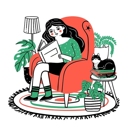 Woman reads in chair. Happy relaxed girl reading book in cozy armchair at home. Books lover with plants and cat. Hand drawn vector concept. Woman read book in chair with cat illustration