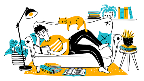Man reading book on couch. Relaxed adult reads on sofa with cat at home. Hand drawn reader enjoying hobby. Leisure lifestyle vector concept. Man on couch study with book illustration