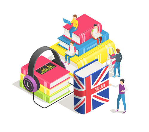 Learning foreign languages isometric concept. People and english french dictionary, textbooks study. Studying spanish german in language school online. Education textbook vector background