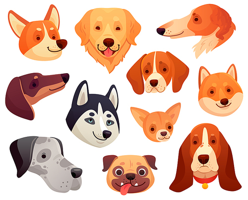 Cartoon dog head. Funny puppy pet muzzle, smiling dog face and pug, retriever husky corgi dogs. Cute playful pets character faces with tongue isolated vector illustration icons collection