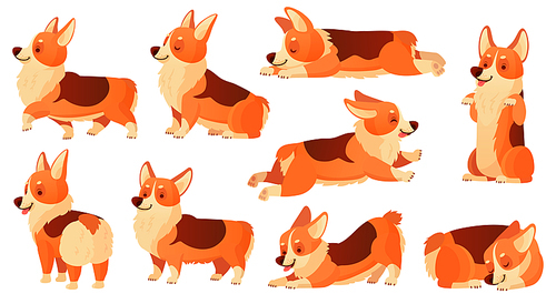 Cartoon dog character. Sleeping corgi dogs poses, pedigree dog fitness sport exercise and relaxing pet yoga pose. Corgi puppy doggy sitting or domestic pets emotion isolated vector icons set