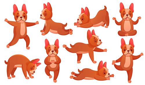 Relax yoga dog. Animal sport fitness training, dogs doing healthy relaxing exercise and beagle meditation. French bulldog stretching training posture. Catroon vector illustration isolated icons set