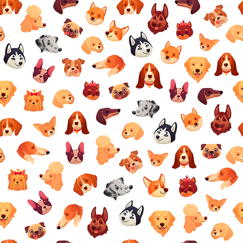 Seamless dogs faces. Funny dog face, puppy pet head and animals group. Retriever, chihuahua and dachshund faces portrait cartoon wrapping vector background pattern