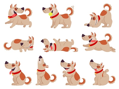 Cartoon dog. Cute dogs in daily routine eating, jumping wiggle and sleeping, running and barking, playing with ball. Puppy pet in different poses doing activities set vector illustration.