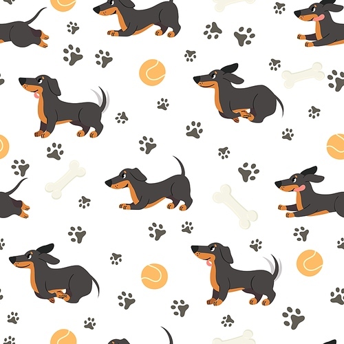 Dachshund seamless pattern. Adorable pets, funny dog long bodied breed,  for wrapping paper, textiles, wallpaper trendy vector texture. Adorable puppy jumping , ball toy and bone
