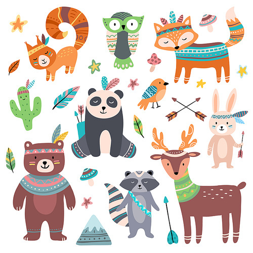 Cute tribal animal. Forest wild animals zoo, tribals bird feather arrows and wilds beast. Squirrel, fox and deer woodland forest brave hunting animal character isolated cartoon icons set