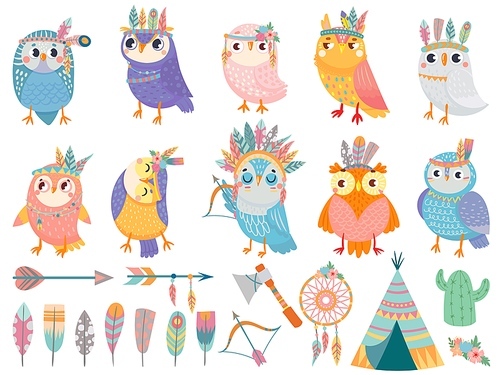 Wild tribal owl. Cartoon owls with tribals feathers, forest birds and arrows. Flower wreath, feather and dreamcatcher. Wildlife ethnic owlet characters isolated vector icons set