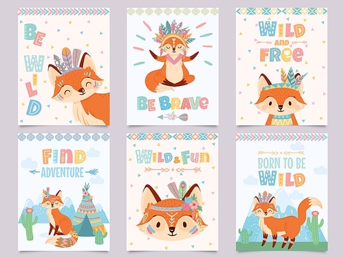 Wild tribal fox poster. Be brave, find adventure and free foxes with indian feathers and arrows cartoon posters vector illustration set. Postcard templates with cute animal and motivational phrases.