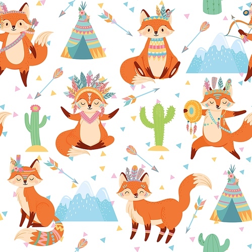 Seamless tribal fox pattern. Cute foxes in Indian feather warbonnet, wild animal and tribals tent cartoon vector illustration. Background with funny characters and ethnic native American decorations.