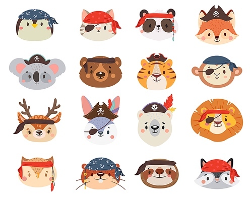 Little animals in pirate hats as penguin and cat, lion and tiger, sloth, giraffe, raccoon and deer. Cute, funny characters isolated on white for children , book vector illustration.