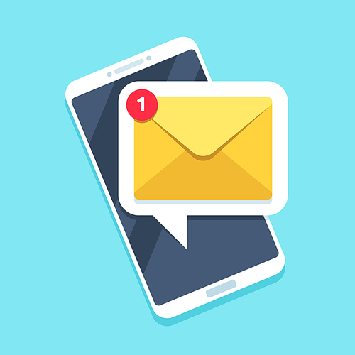 Flat email notification on smartphone. Sms icon or mail message reminder mailing on mobile phone or electronic newsletter documents cellphone vector symbol illustration