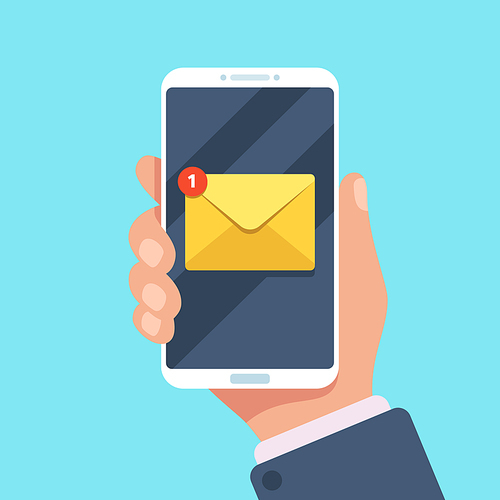 Email notification on smartphone in hand. New mail message in inbox icon, mailing letters or reading sms app application on mobile phone screen, communication flat vector illustration