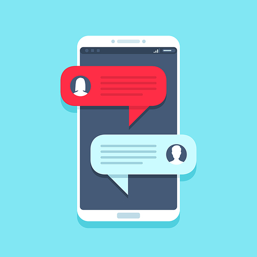 Chat message on smartphone. Mobile phone chatting, people texting cellphone messages and sms messaging bubble text on phones screen, woman and man conversation vector flat illustration
