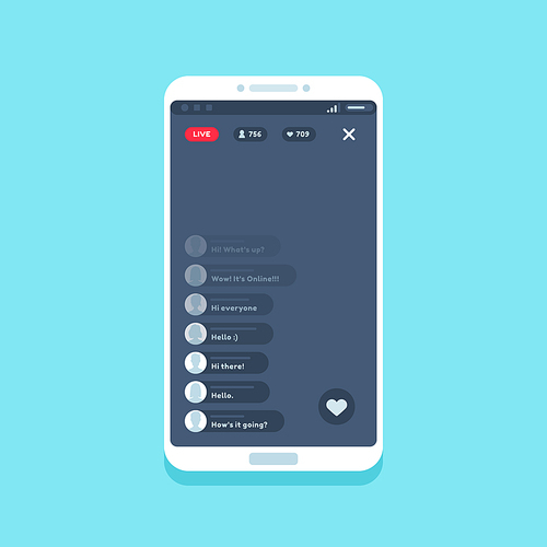 Live video stream on phone. Online videos stories streaming on smartphone screen app interface, internet chat comments living streams UI button device vector flat illustration
