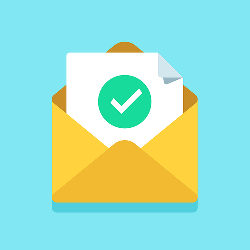 Check mark document in mail envelope. Approved tick marker, confirm accepted or checked on acceptance letter verify sending. Confirmation email message, verified emails mailer send flat vector icon