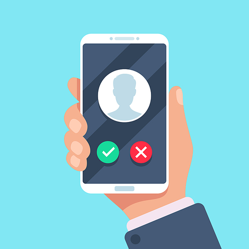 Incoming call on mobile phone. Calling on smartphone with telephone caller avatar, contact photo on friends income ringing phones screen, holding cellphone and talking flat vector illustration
