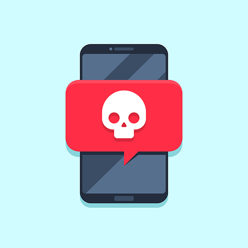 Virus notification on smartphone screen. Alert message, spam attack or phone malware notifications. Smartphones viruses or fraud message, insecure scam alerts email. Internet error vector concept
