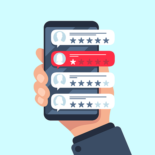 Rating review bubble. Reviewers texting on cellphone app, choice bad or good 5 star ratings. Positive or bad clients reviews feedback, satisfaction reviewers rating. Flat vector illustration