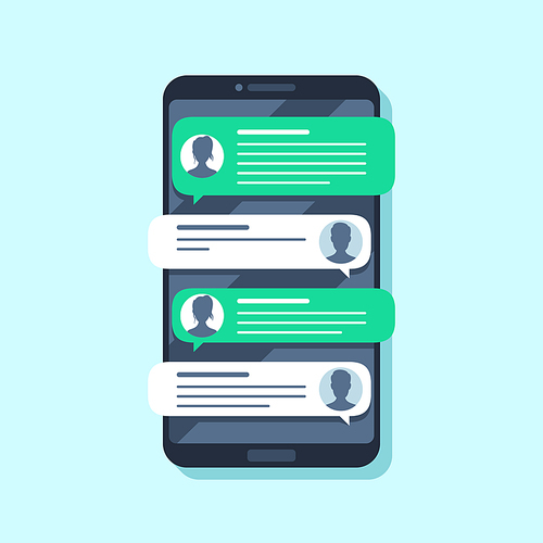 Mobile sms notifications. Hand texting message on smartphone, people chatting. Conversion messaging text, talking chat or sms mailing bubble. Conversation flat vector illustration