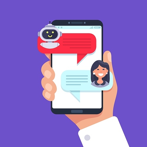 Mobile phone chatting with chat bot. Chat talk mobile, bot conversation online, vector illustration. Assistance connect messenger