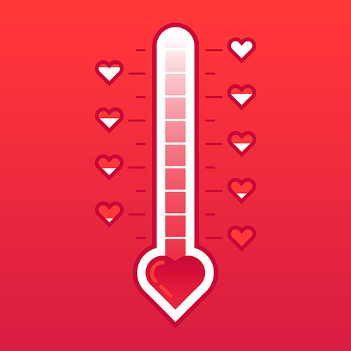 Love thermometer. Hot or frozen heart temperature counter valentines card. Love level meter romance passion degree indicator for valentine february 14 day vector concept illustration