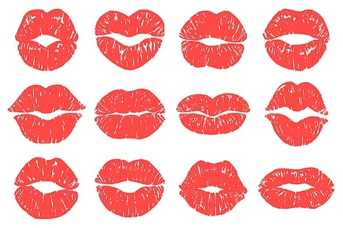 Kiss . Woman red lips, fashion lipstick s and love lips kisses makeup vector illustration set. different sexy kissing isolated silhouettes