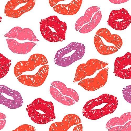 Lips  seamless pattern. Kiss s with texture, color girls lips vector illustration. Valentines Day lipstick im background for wedding and greeting card