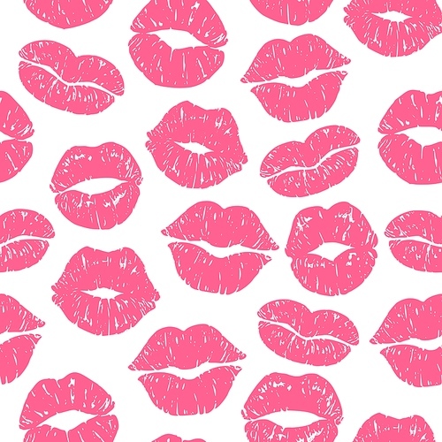 Kiss  seamless pattern. Girls kisses, red lipstick s and kissing women lips vector illustration. Valentines Day lipstick smooch im background for wedding and greeting card
