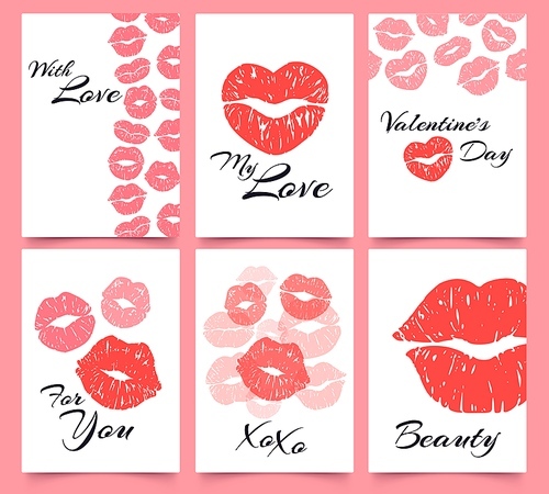 Lips s. Card with love, Valentines day and fashion kiss  cards vector illustration set. attractive female sexy mouth ims