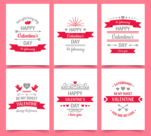 Valentine day vintage greeting card for holiday celebration. Text with love and hearts for couple, romantic wishes and frame. February 14, be my sweet valentine vector illustration posters set