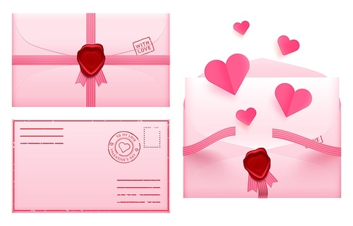 Valentine day envelope. Love romantic paper mail, message envelope invitation, holiday celebration, vector illustration