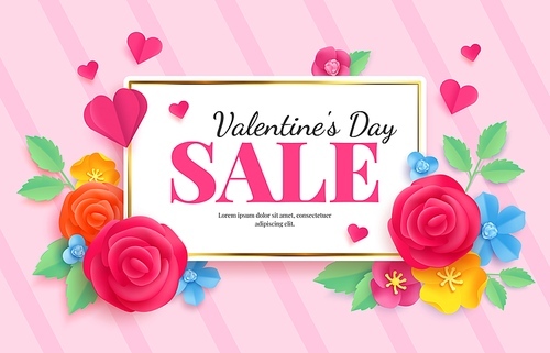 Paper valentines sale. Love celebration voucher banner with flovers and heart. Discount market vector advertising in origami. advertising, Shopping romance, february day promotion banner illustration