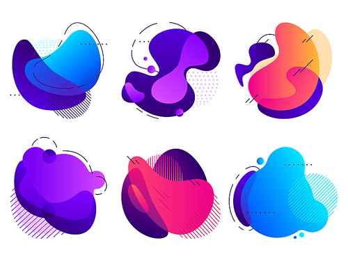 colorful abstract shapes. saturated fluid gradients flux, organic shape with lines and dotted s. gradient fluid bubbles or liquid forms. vector background isolated elements set
