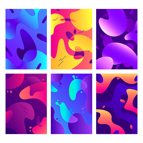 Liquid shapes posters. Modern color fluid shape, abstract diffused colours and fashion gradient poster. Dynamic liquid texture, smartphone app screen background vector illustration