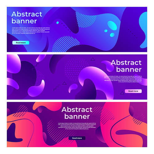Abstract fluid shapes banner. Softly liquid shape flux, color splash gradient and colorful horizontal banners. Memphis gradients, fluid texture poster. Futuristic vector background set