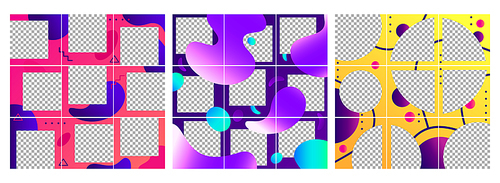 Fluid shapes post template. Colorful abstract trendy social media photo frames posts, puzzle grid templates layout. Abstracted liquid wave texture shapes gradient stories frame vector set