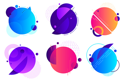 Circle geometric badges. Trendy round frame, color gradients minimal badge and abstract frames template layout. Postage stamps, fluid distress gradient logo. Isolated background vector icons set