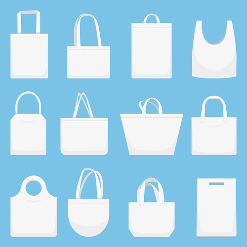 Fabric bag. Eco canvas bags, white shopping bagful and beach cloth handbag. Ecological textile material shopper bags. Vector illustration isolated icons set