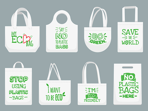 Eco fabric bag. Say no to plastic bags, polythene refuse ban slogan and textile shopping handbag. Shopper, ecological fabric package. Vector isolated illustration icons set