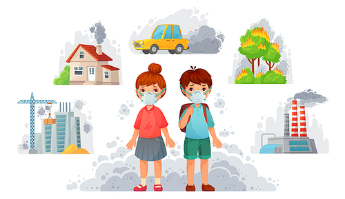 Children in N95 masks. Dirty environment protection, face mask protect from street smoke and PM2.5. Car dirty fog, factory fume or diseases facing masks. Cartoon vector illustration