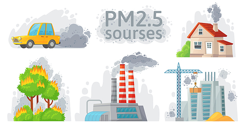 Air pollution source. PM 2.5 dust, dirty environment and polluted air sources. Industrial outdoor fog, town pollution or city dust danger. Cartoon vector isolated symbols illustration set